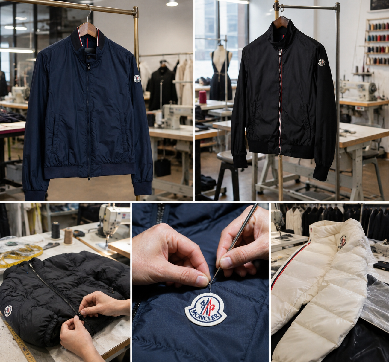 Workshop studies of premium puffer and bomber jacket alterations: zip work, badge reattachment and a white down jacket on the bench