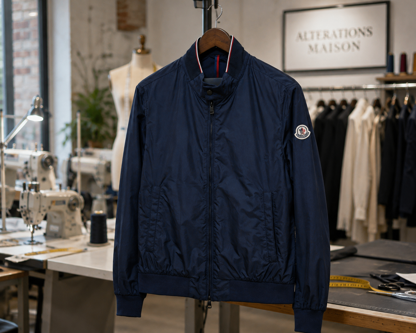 Navy bomber jacket hanging in the Alterations Maison workshop beside sewing machines and a garment rail