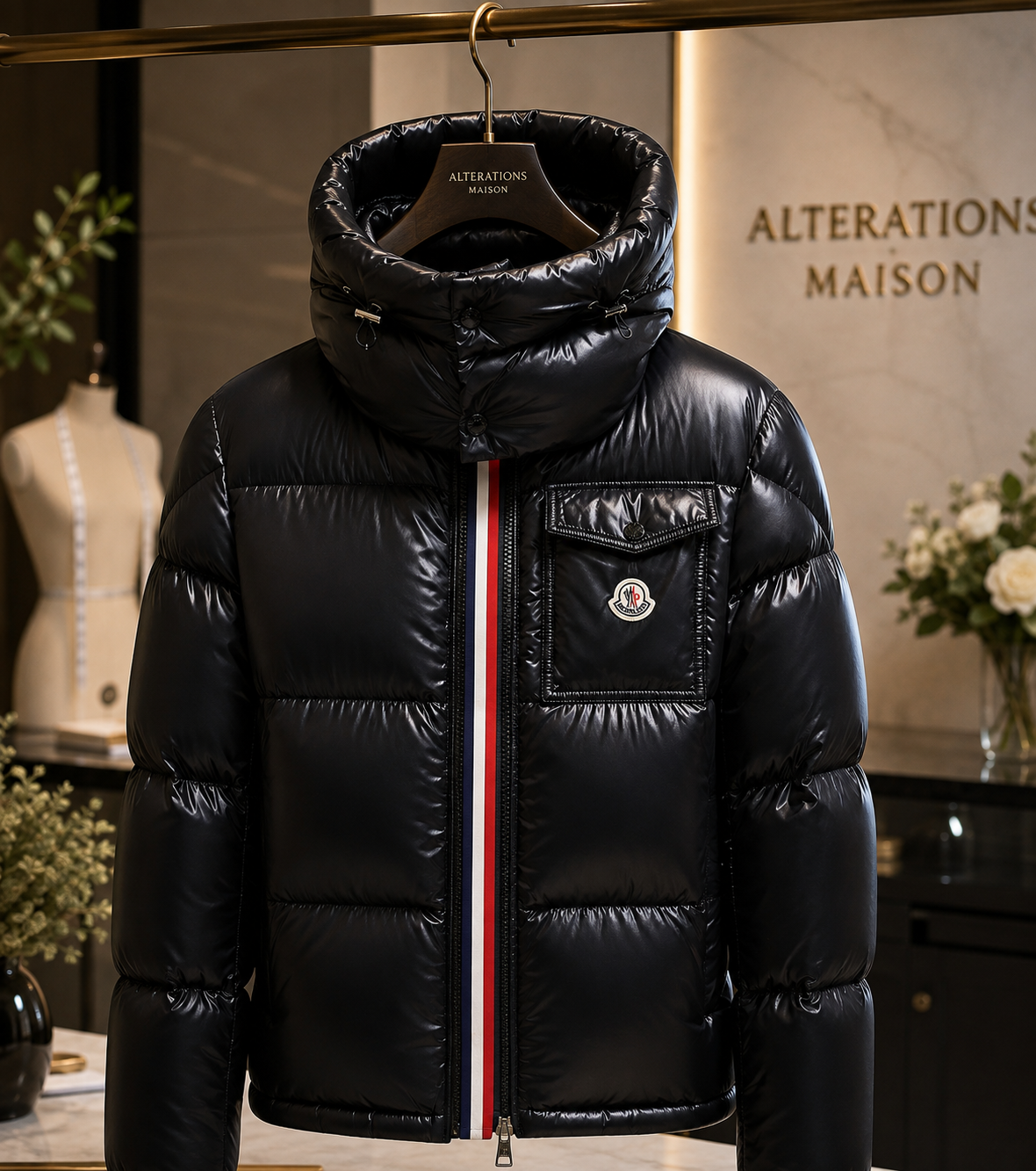 Black glossy down puffer jacket on an Alterations Maison hanger in the atelier, prepared for alteration