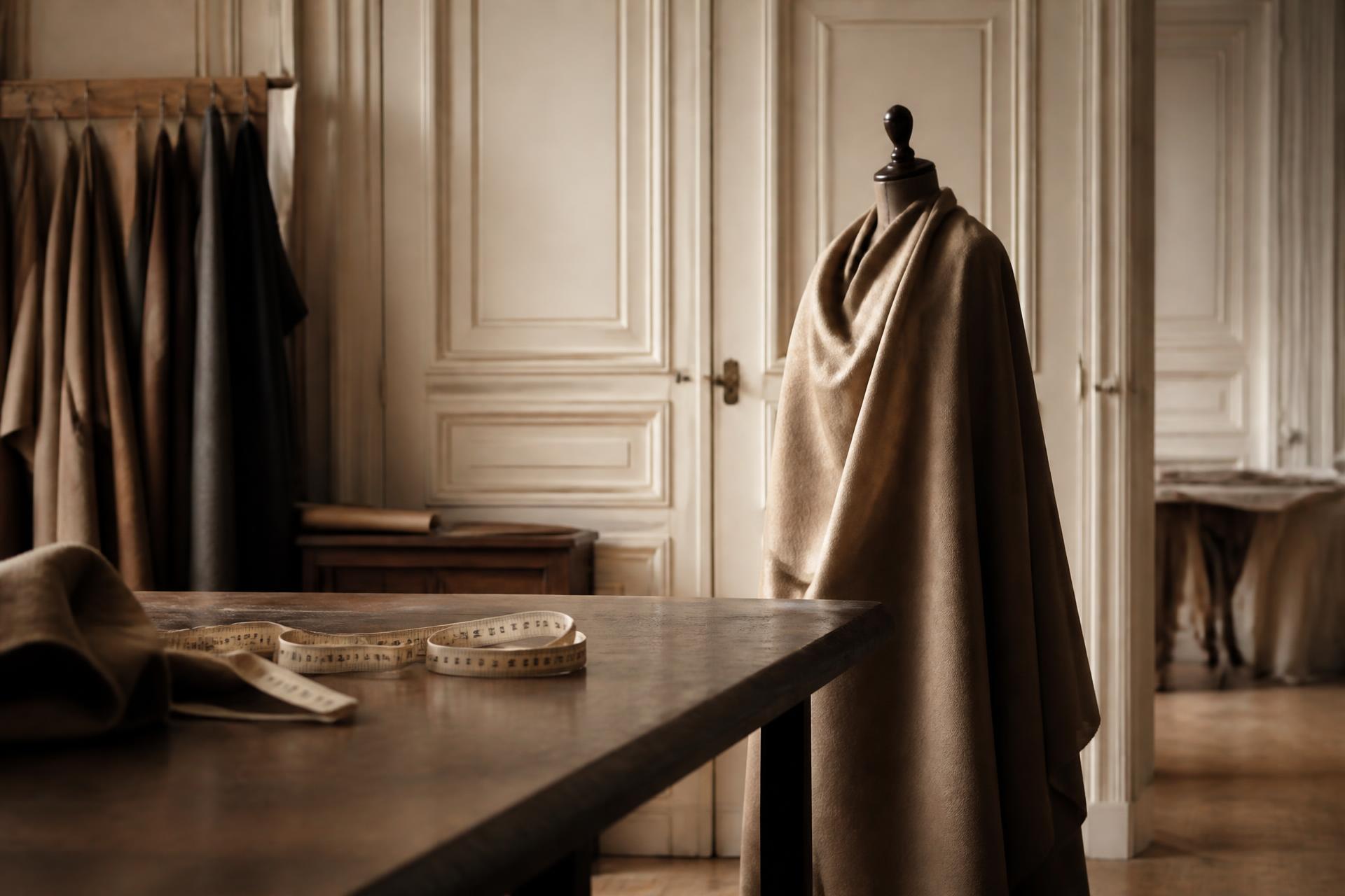 Atelier cutting room with camel wool draped over a wooden dress form beside a walnut cutting table and tape measure