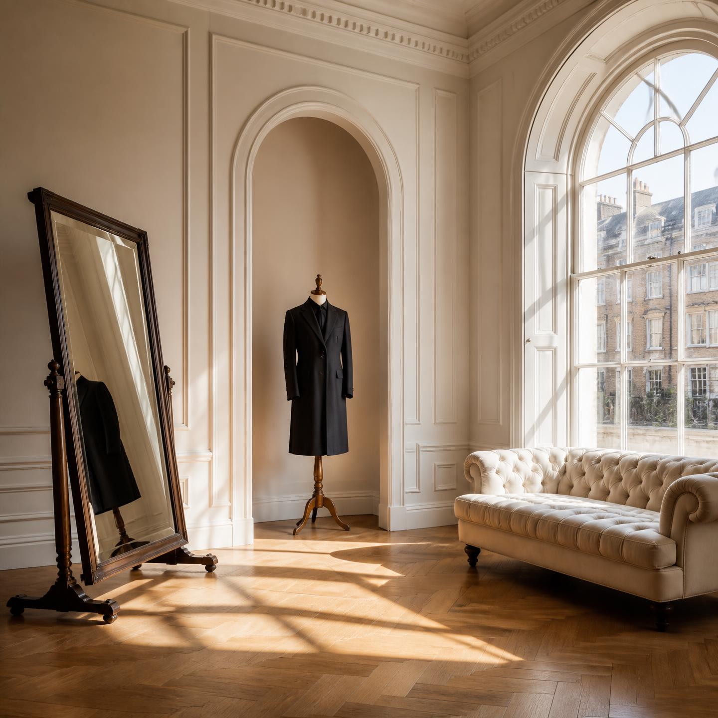 Sunlit atelier fitting salon with an antique tilting mirror, tufted cream sofa and an overcoat on a wooden mannequin
