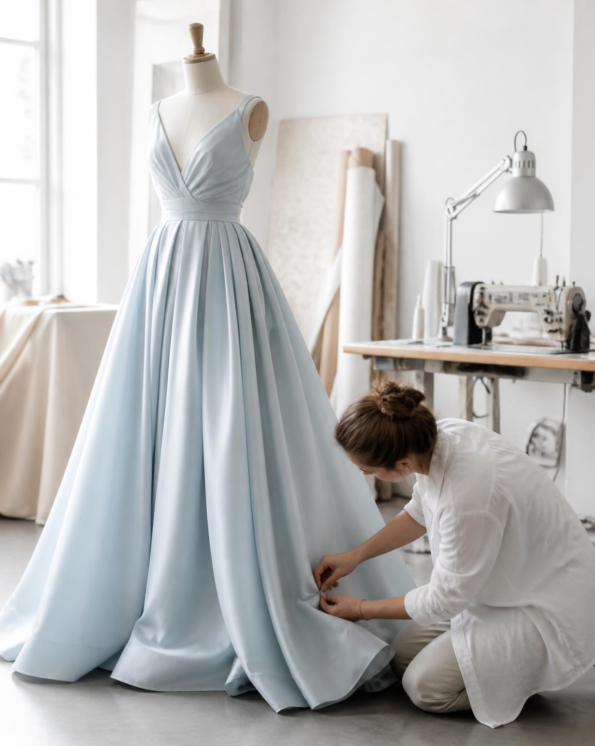 Pale blue satin evening gown on a dress form with a seamstress pinning the hem in a bright atelier