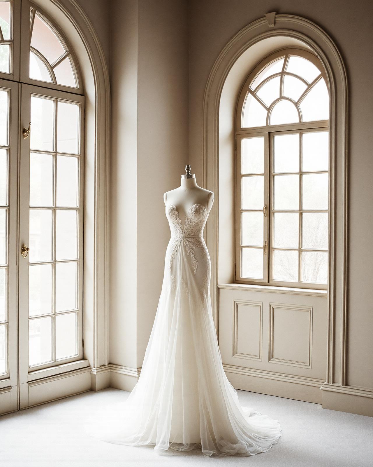 Lace and tulle wedding gown on a dress form in a light-filled salon with tall arched windows