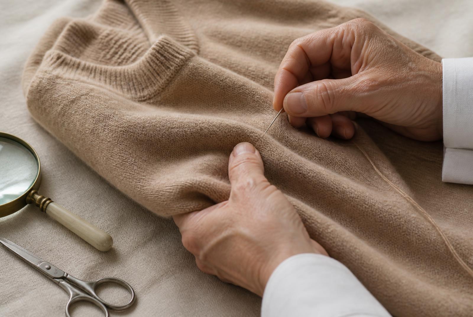 Invisible mending by hand on a fine camel cashmere jumper