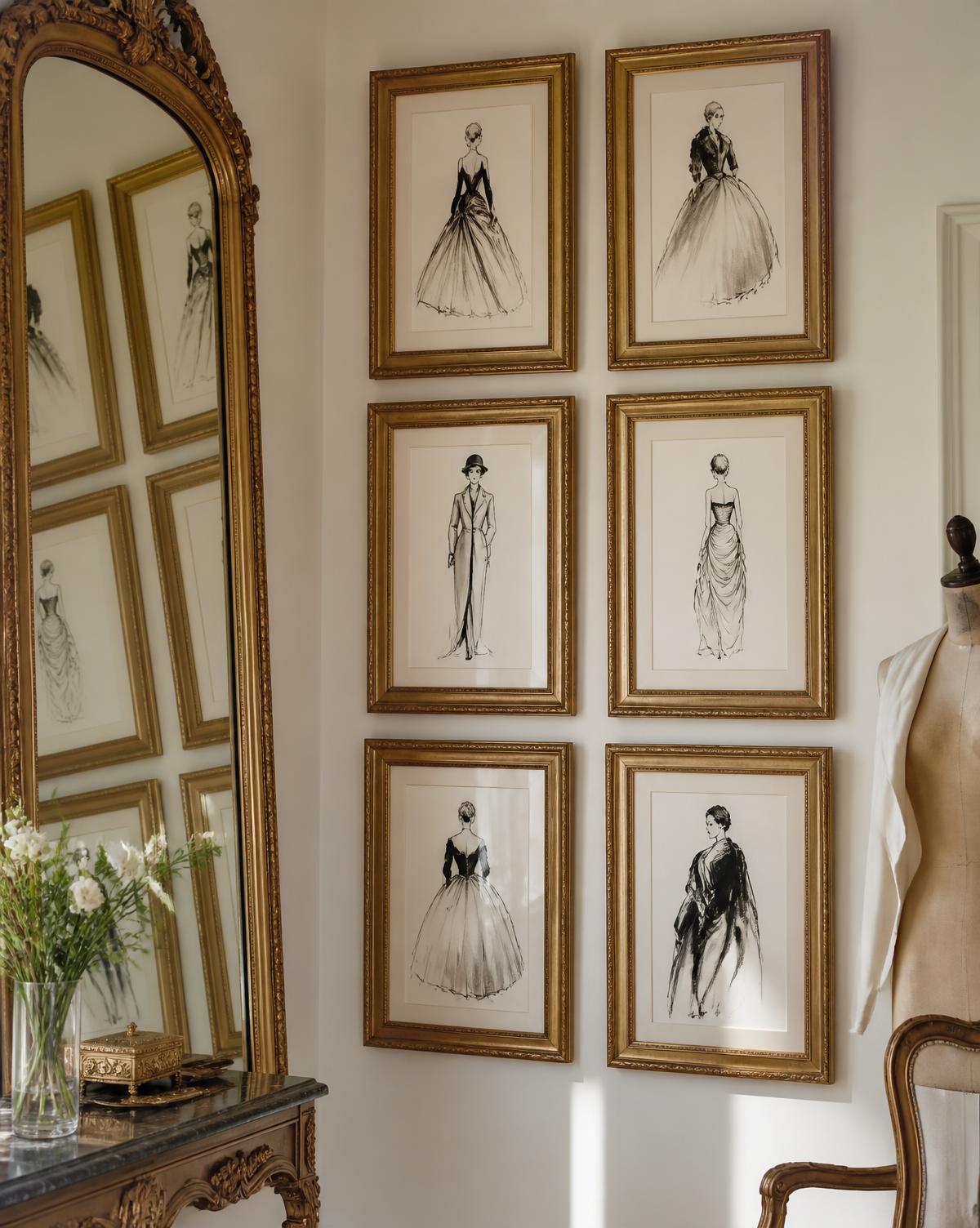 Corner of the atelier salon hung with gilt-framed original fashion illustrations beside a tall antique mirror