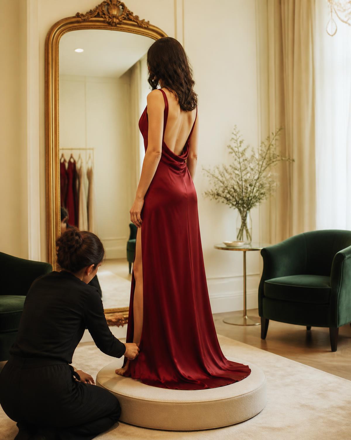 Client on a fitting podium in a deep red silk evening gown while a specialist pins the hem in a gilt-mirrored salon